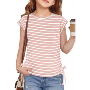 Arshiner Girls Cap Sleeve T Shirts Ruched Knot Side Summer Crewneck Casual Tops Blouse Tee(Pink Stripe)