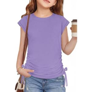 Arshiner Girls Cap Sleeve T Shirts Ruched Knot Side Summer Crewneck Casual Tops Blouse Tee(Purple)
