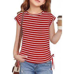 Arshiner Girls Cap Sleeve T Shirts Ruched Knot Side Summer Crewneck Casual Tops Blouse Tee(Red Stripe)