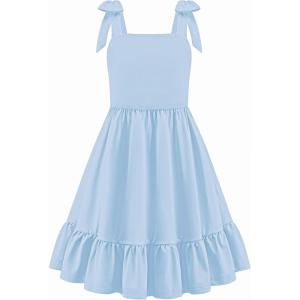 Arshiner Girls Summer Dress Bowknot Strap Casual Sleeveless Tiered Sundress with Pockets 6-14 Years(Blue)