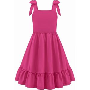 Arshiner Girls Summer Dress Bowknot Strap Casual Sleeveless Tiered Sundress with Pockets 6-14 Years(Hot Pink)