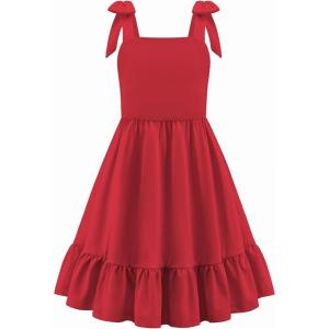 Arshiner Girls Summer Dress Bowknot Strap Casual Sleeveless Tiered Sundress with Pockets 6-14 Years(Red)