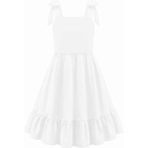 Arshiner Girls Summer Dress Bowknot Strap Casual Sleeveless Tiered Sundress with Pockets 6-14 Years(White)