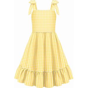 Arshiner Girls Summer Dress Bowknot Strap Casual Sleeveless Tiered Sundress with Pockets 6-14 Years(Yellow Plaid)