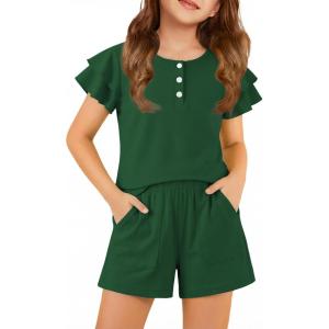 Arshiner Girls Summer Outfits 2 Piece Sets Ruffle Short Sleeve Button Down Shirts and Shorts Set Kids Clothes with Pockets(Deep Green)