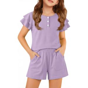 Arshiner Girls Summer Outfits 2 Piece Sets Ruffle Short Sleeve Button Down Shirts and Shorts Set Kids Clothes with Pockets(Lavender)