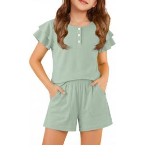 Arshiner Girls Summer Outfits 2 Piece Sets Ruffle Short Sleeve Button Down Shirts and Shorts Set Kids Clothes with Pockets(Light Green)