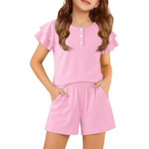 Arshiner Girls Summer Outfits 2 Piece Sets Ruffle Short Sleeve Button Down Shirts and Shorts Set Kids Clothes with Pockets(Pink)