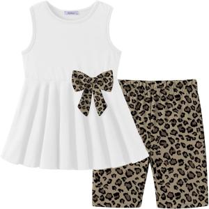 Arshiner Toddler Girl Clothes 2 Piece Bowknot Sleeveless Top Dress and Leggings Shorts Set Kids Summer Outfits(Brown Leopard)