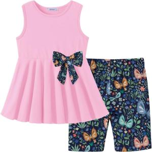 Arshiner Toddler Girl Clothes 2 Piece Bowknot Sleeveless Top Dress and Leggings Shorts Set Kids Summer Outfits(Dark Pink Butterfly)
