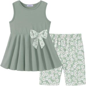 Arshiner Toddler Girl Clothes 2 Piece Bowknot Sleeveless Top Dress and Leggings Shorts Set Kids Summer Outfits(Light Green Flower)