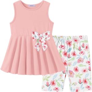 Arshiner Toddler Girl Clothes 2 Piece Bowknot Sleeveless Top Dress and Leggings Shorts Set Kids Summer Outfits(Light Pink Flower)