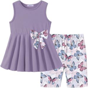 Arshiner Toddler Girl Clothes 2 Piece Bowknot Sleeveless Top Dress and Leggings Shorts Set Kids Summer Outfits(Light Purple Butterfly)