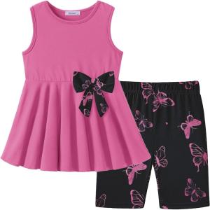 Arshiner Toddler Girl Clothes 2 Piece Bowknot Sleeveless Top Dress and Leggings Shorts Set Kids Summer Outfits(Peach Pink Butterfly)