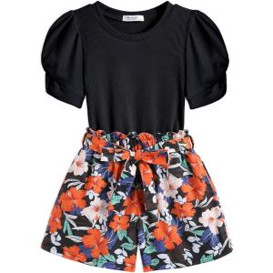 Arshiner Toddler Girls Summer Outfits 2 Piece Set Knit Twist Puff Sleeve Top and High Waist Paper Bag Short with Pockets(Black Flower)