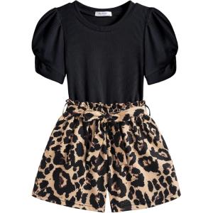 Arshiner Toddler Girls Summer Outfits 2 Piece Set Knit Twist Puff Sleeve Top and High Waist Paper Bag Short with Pockets(Black Leopard)