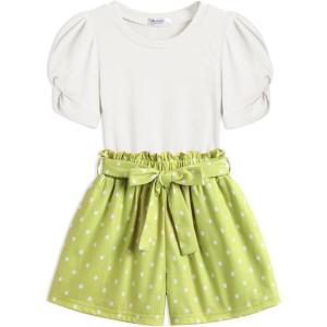 Arshiner Toddler Girls Summer Outfits 2 Piece Set Knit Twist Puff Sleeve Top and High Waist Paper Bag Short with Pockets(White Green Dots)