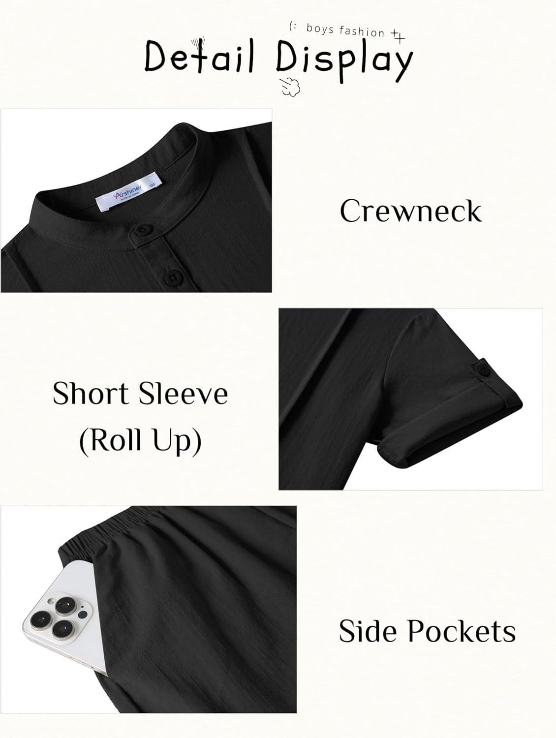 image:imageArshiner Boys 2 Pieces Linen Sets Short Sleeve Henley Shirt and Shorts Summer Beach Matching Outfits 412 YearsBlack