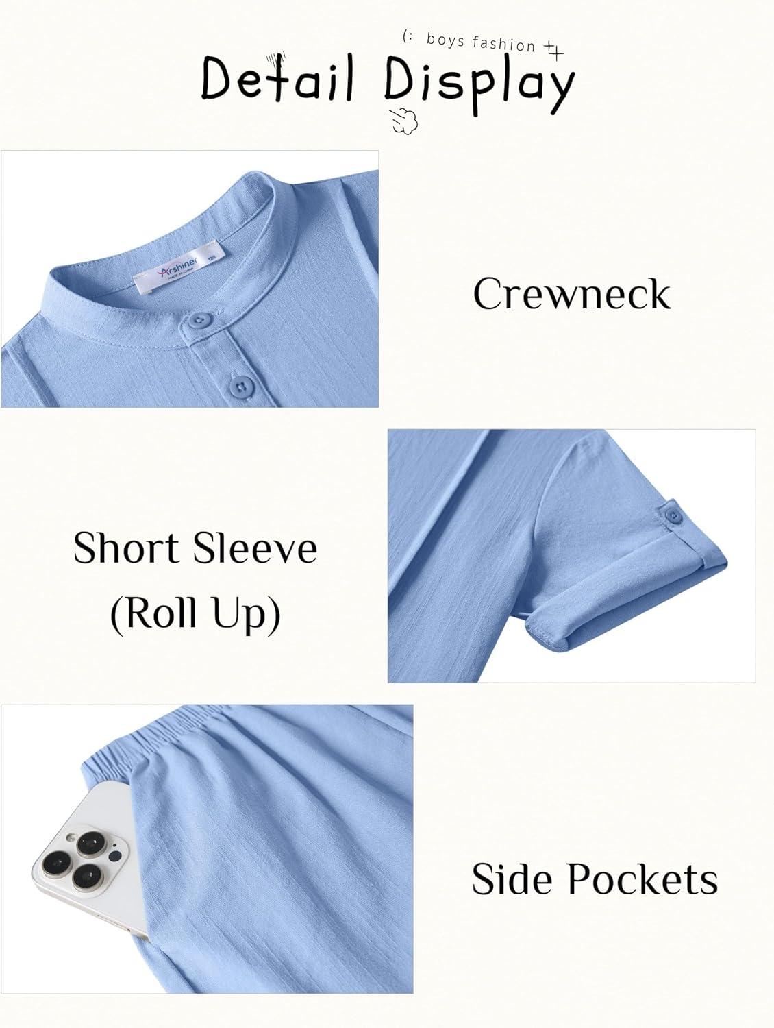 image:imageArshiner Boys 2 Pieces Linen Sets Short Sleeve Henley Shirt and Shorts Summer Beach Matching Outfits 412 YearsLight Blue