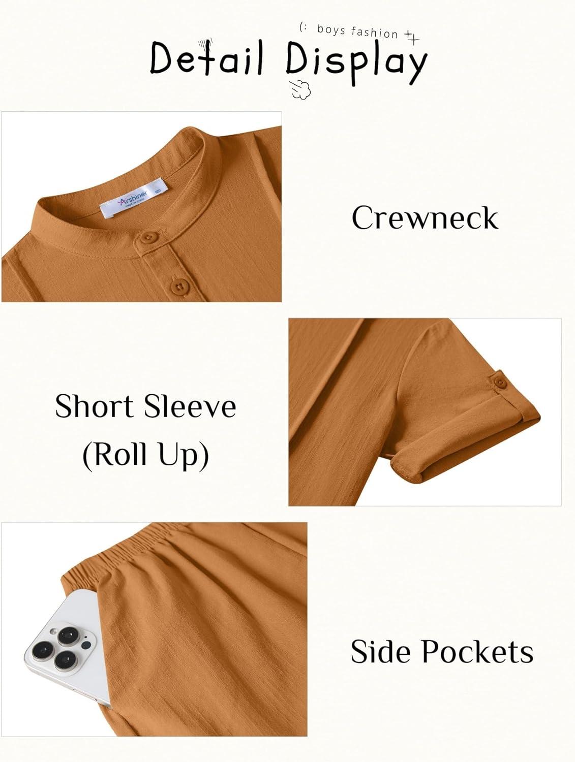 image:imageArshiner Boys 2 Pieces Linen Sets Short Sleeve Henley Shirt and Shorts Summer Beach Matching Outfits 412 YearsLight Brown