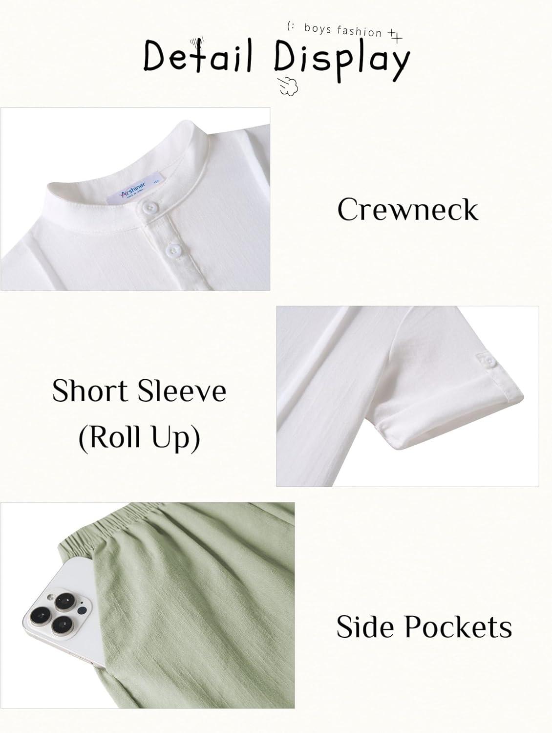 image:imageArshiner Boys 2 Pieces Linen Sets Short Sleeve Henley Shirt and Shorts Summer Beach Matching Outfits 412 YearsWhite Light Green