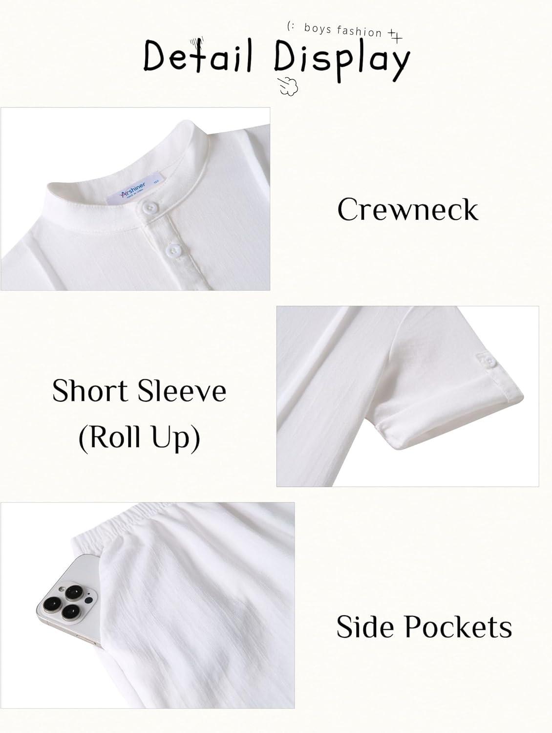 image:imageArshiner Boys 2 Pieces Linen Sets Short Sleeve Henley Shirt and Shorts Summer Beach Matching Outfits 412 YearsWhite