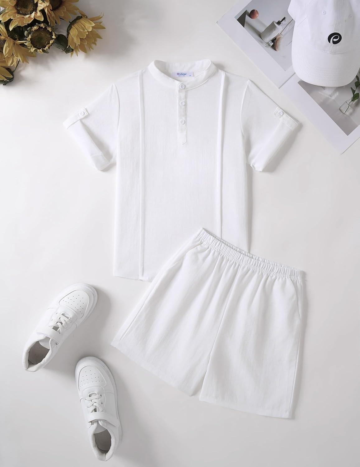 image:imageArshiner Boys 2 Pieces Linen Sets Short Sleeve Henley Shirt and Shorts Summer Beach Matching Outfits 412 YearsWhite