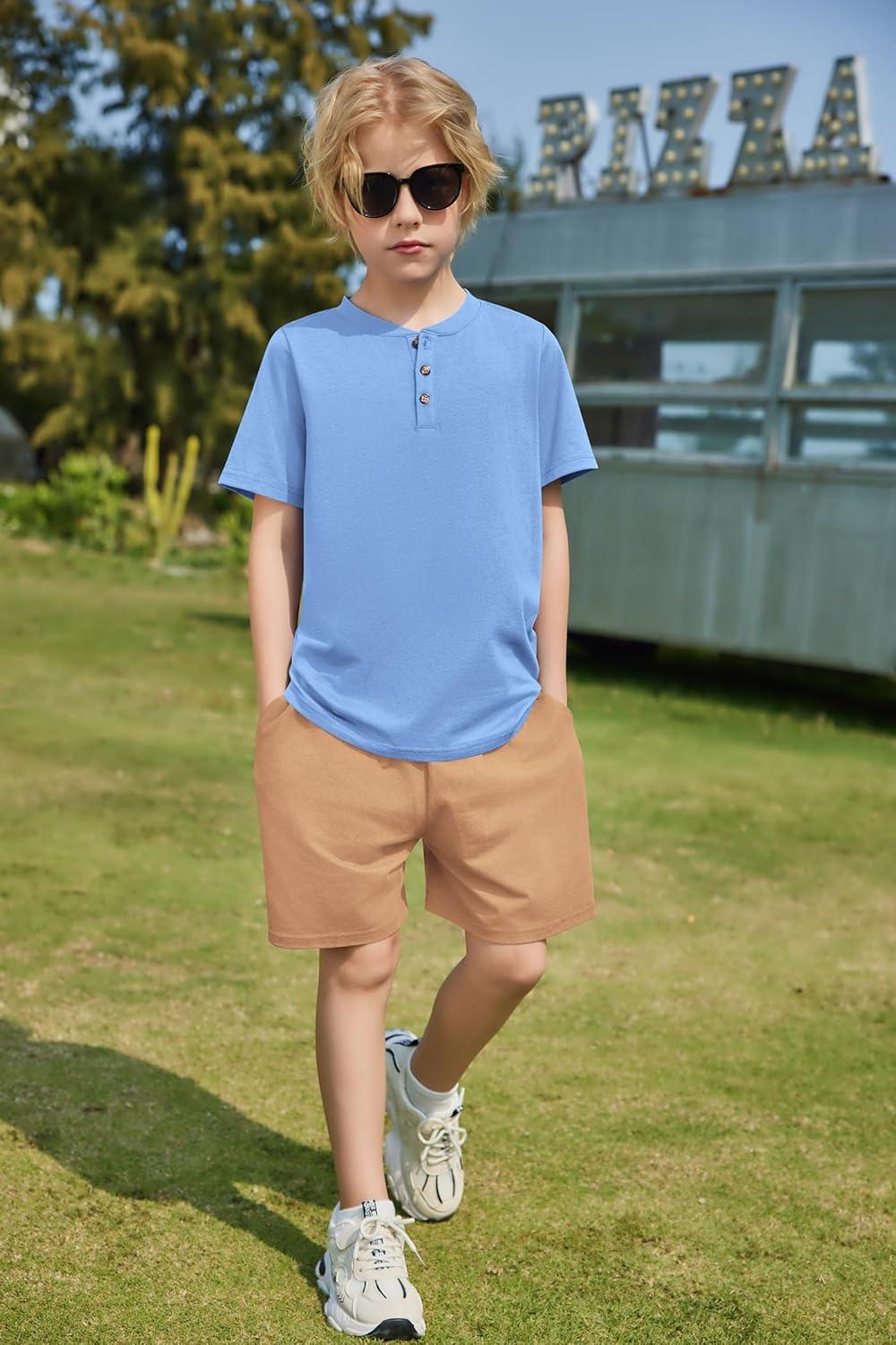 image:imageArshiner Boys Summer Clothing Sets 3button Short Sleeve Tee and Shorts Casual Outfits for 512 YearsLight Blue Khaki