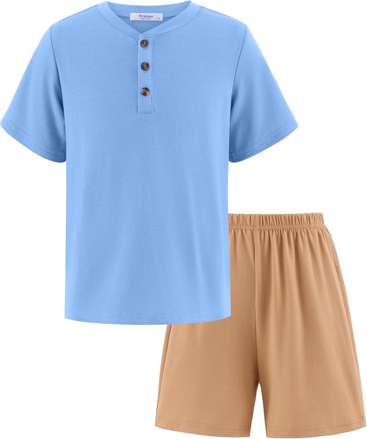 image:imageArshiner Boys Summer Clothing Sets 3button Short Sleeve Tee and Shorts Casual Outfits for 512 YearsLight Blue Khaki