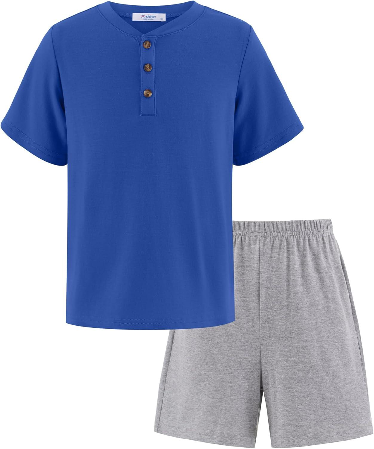 image:imageArshiner Boys Summer Clothing Sets 3button Short Sleeve Tee and Shorts Casual Outfits for 512 YearsNavy Bluegrey