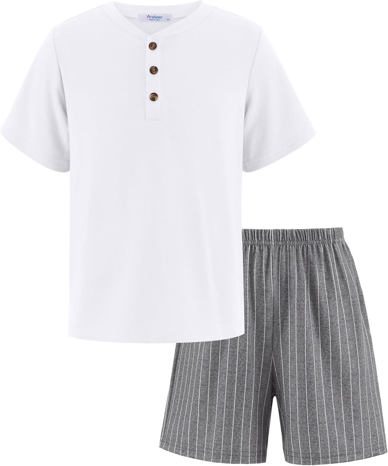 image:imageArshiner Boys Summer Clothing Sets 3button Short Sleeve Tee and Shorts Casual Outfits for 512 YearsWhite Grey Striped
