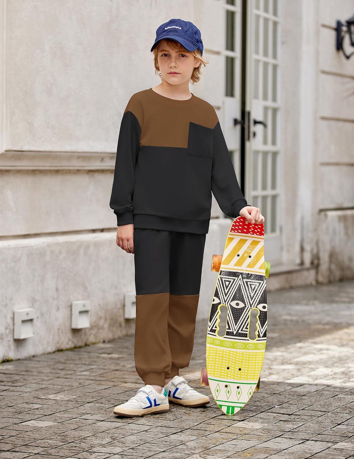 image:imageArshiner Boys Sweatsuit Long Sleeve Crewneck Sweatshirt and Pants Fall Winter Tracksuit Set 210YBlack Brown