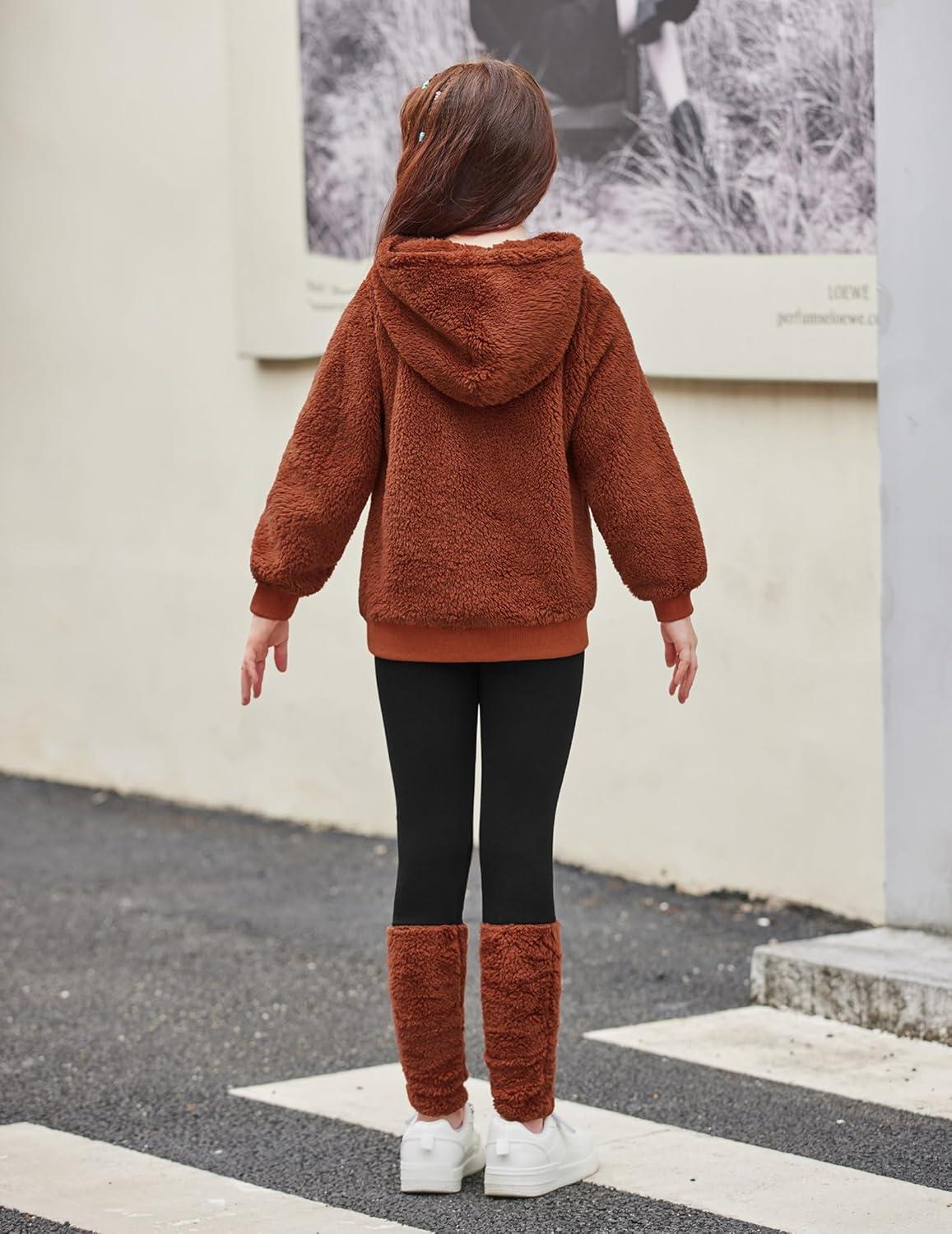 image:imageArshiner Girls 2 Piece Outfits Fuzzy Long Sleeve Hoodie Sweatshirts and Patchwork Legging Pants Casual Clothing SetsBrown