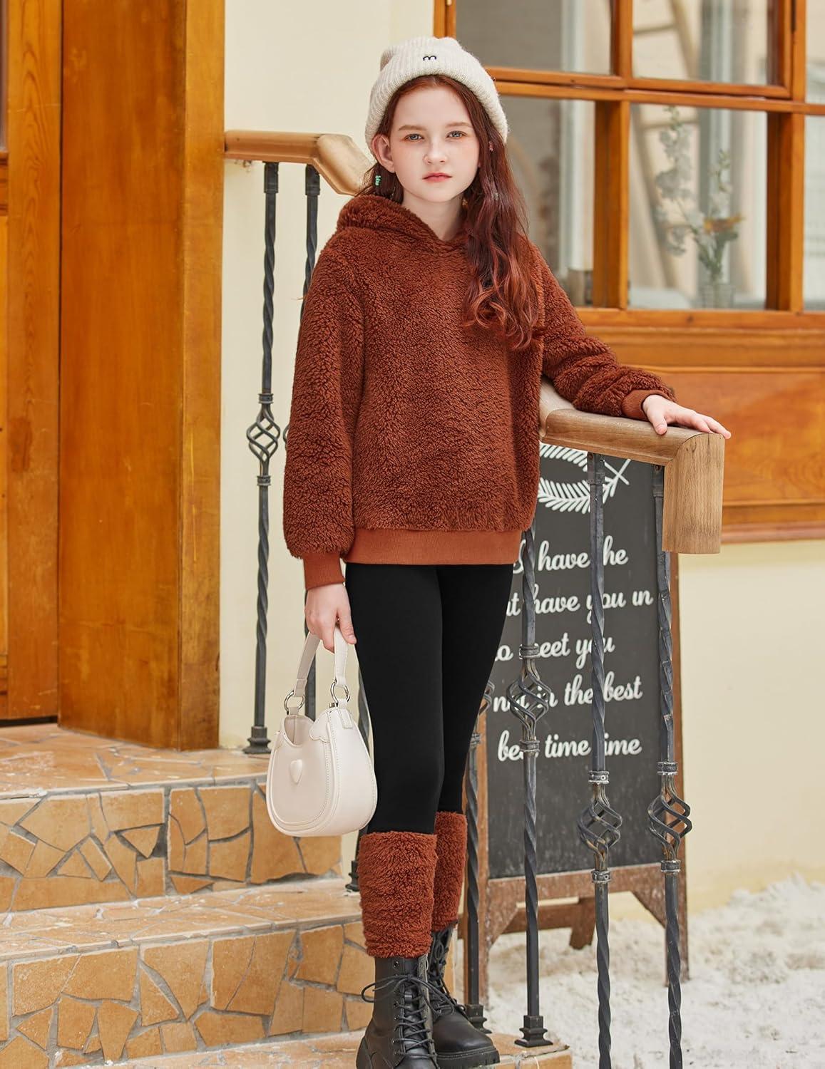 image:imageArshiner Girls 2 Piece Outfits Fuzzy Long Sleeve Hoodie Sweatshirts and Patchwork Legging Pants Casual Clothing SetsBrown