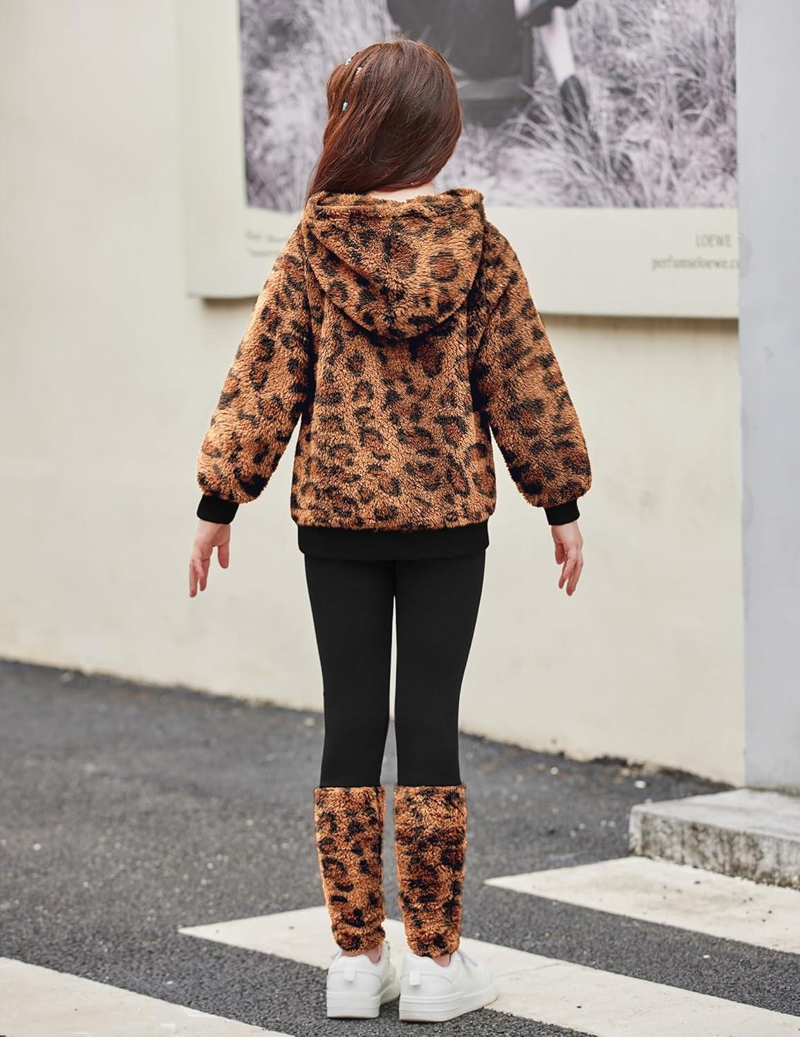 image:imageArshiner Girls 2 Piece Outfits Fuzzy Long Sleeve Hoodie Sweatshirts and Patchwork Legging Pants Casual Clothing SetsLeopard Print