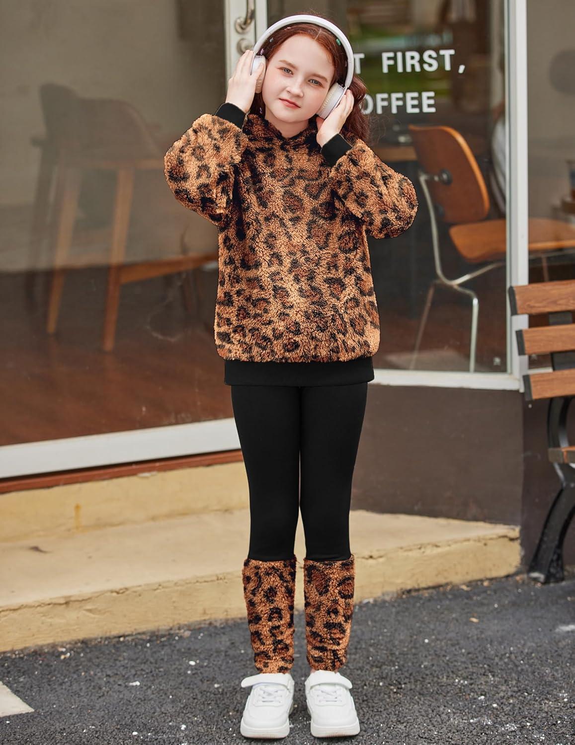 image:imageArshiner Girls 2 Piece Outfits Fuzzy Long Sleeve Hoodie Sweatshirts and Patchwork Legging Pants Casual Clothing SetsLeopard Print