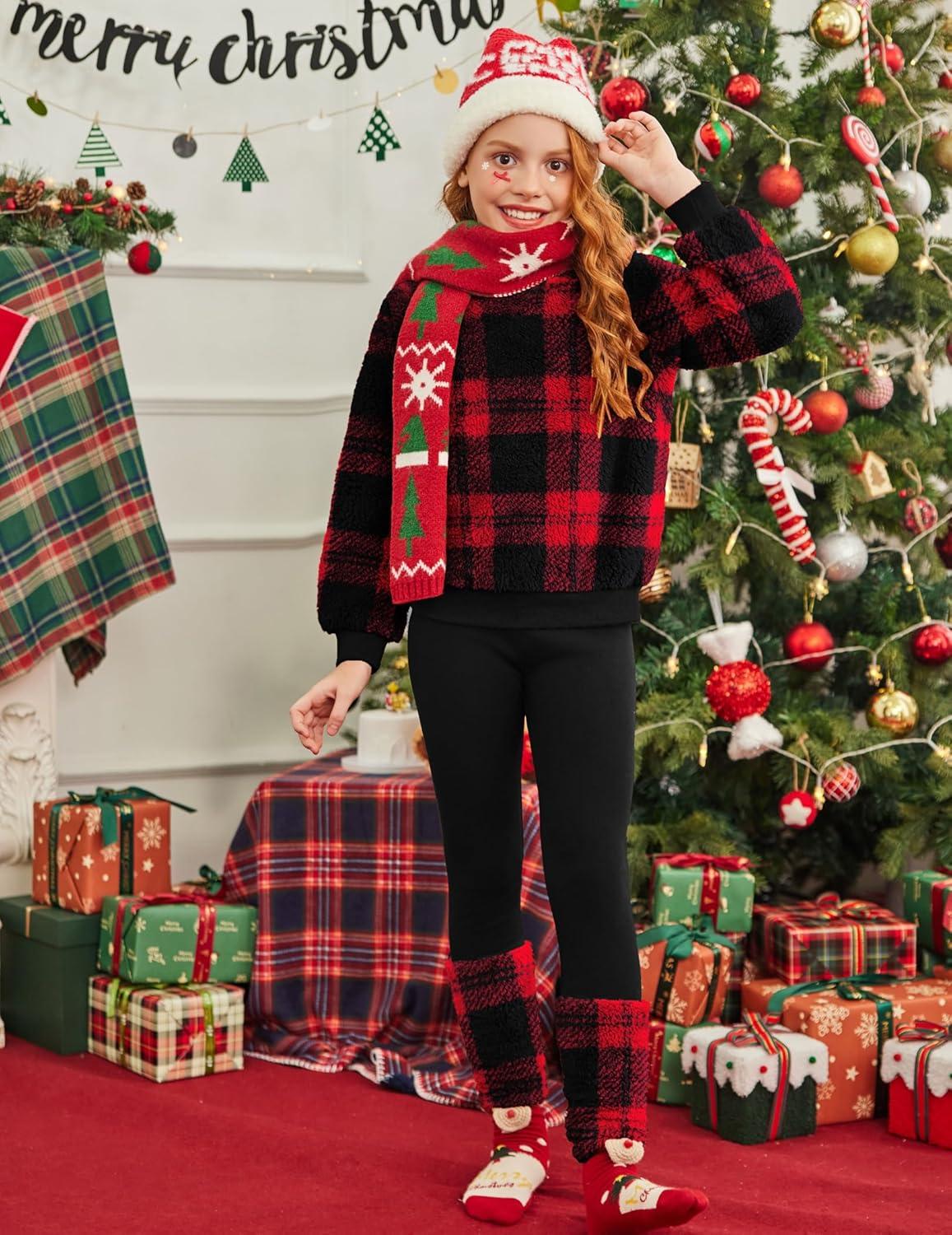 image:imageArshiner Girls 2 Piece Outfits Fuzzy Long Sleeve Hoodie Sweatshirts and Patchwork Legging Pants Casual Clothing SetsRed Plaid