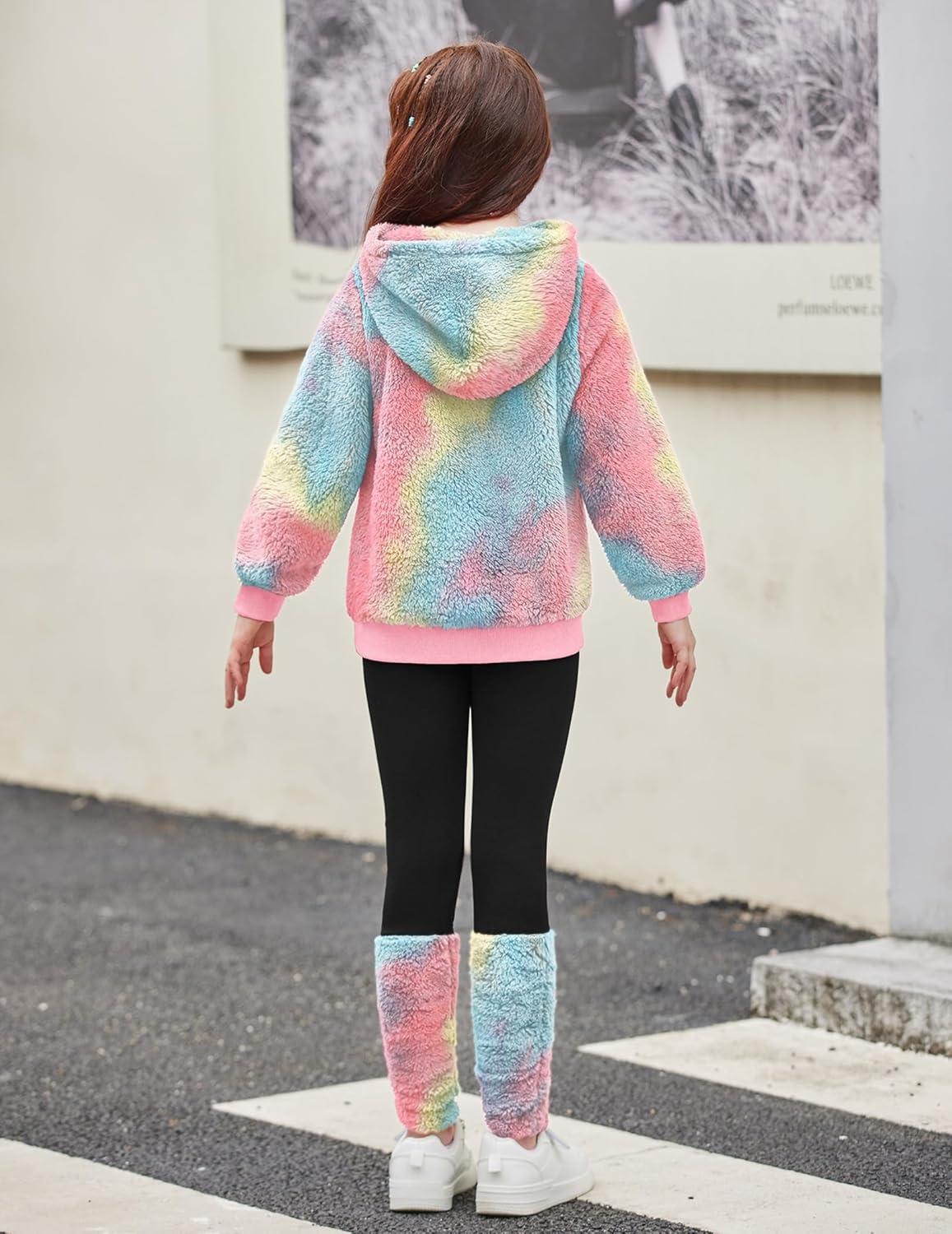 image:imageArshiner Girls 2 Piece Outfits Fuzzy Long Sleeve Hoodie Sweatshirts and Patchwork Legging Pants Casual Clothing SetsTie Dye Yellowpink