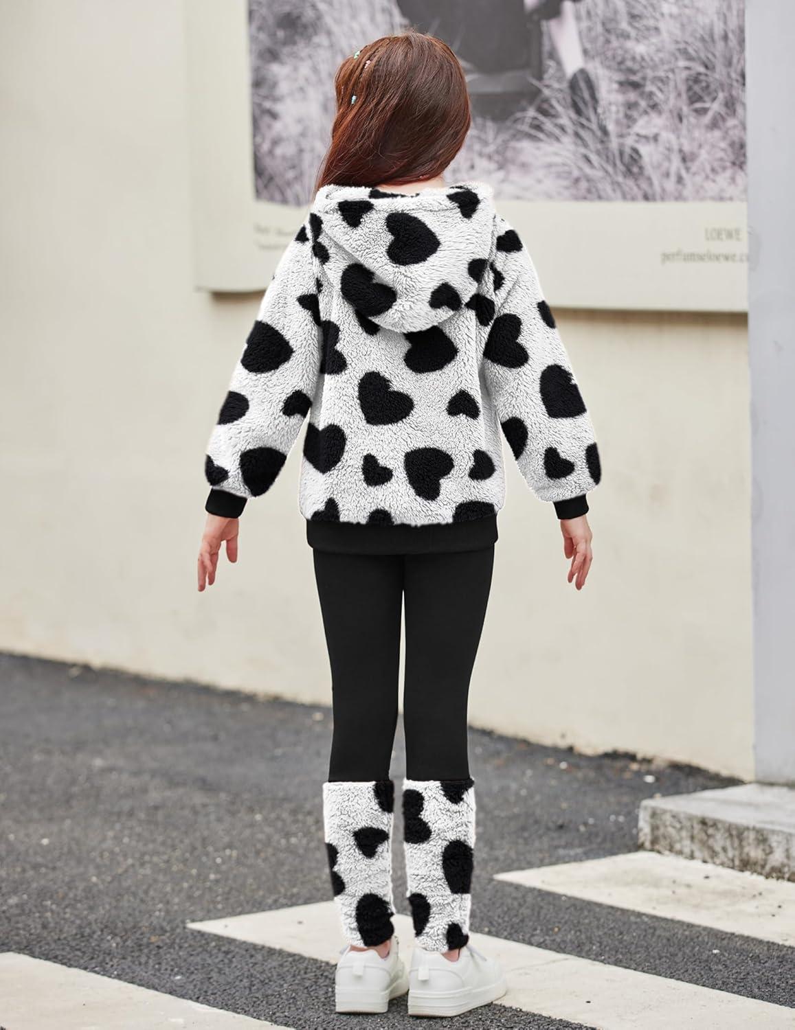 image:imageArshiner Girls 2 Piece Outfits Fuzzy Long Sleeve Hoodie Sweatshirts and Patchwork Legging Pants Casual Clothing SetsWhiteblack