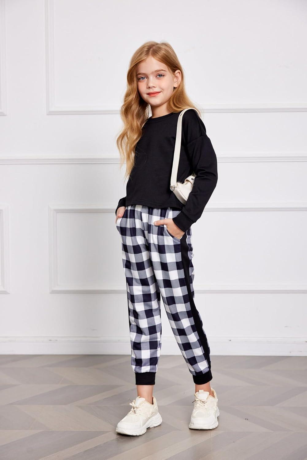 image:imageArshiner Girls 2 Piece Outfits Long Sleeve Crop Tops and Lounge Pants with Pockets Kids Tracksuit Clothing SetsBlack Plaid