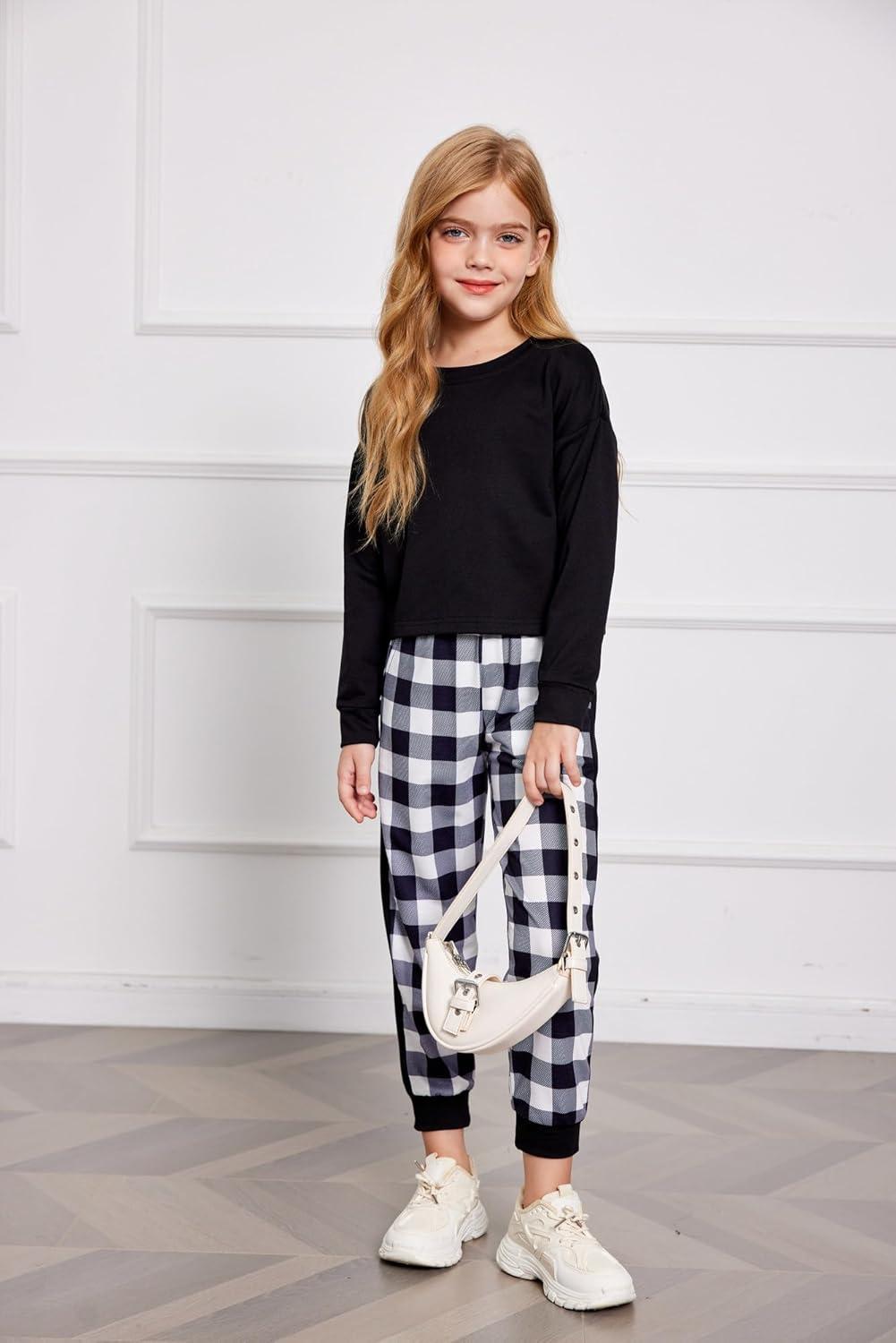 image:imageArshiner Girls 2 Piece Outfits Long Sleeve Crop Tops and Lounge Pants with Pockets Kids Tracksuit Clothing SetsBlack Plaid