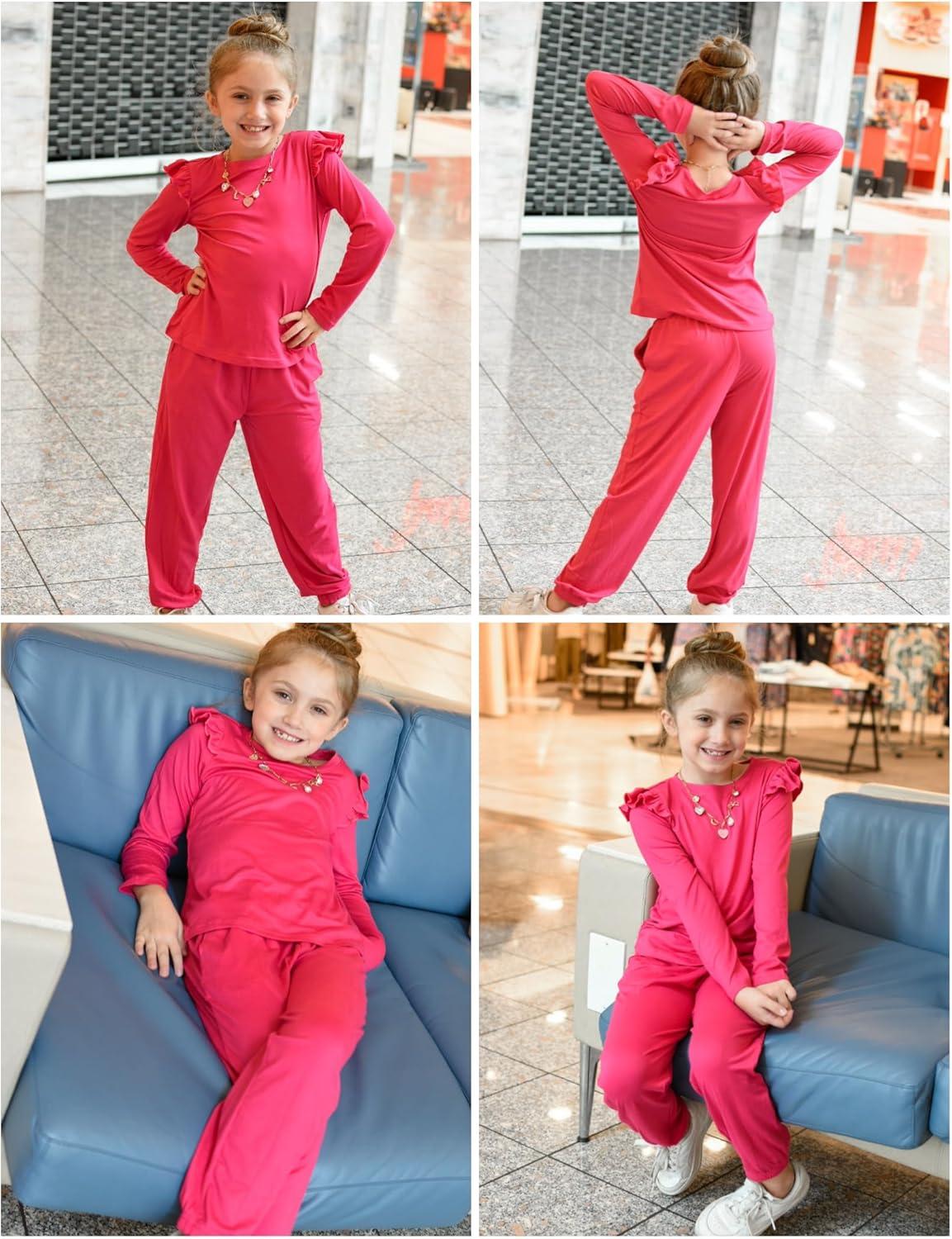 image:imageArshiner Girls 2 Piece Outfits Long Sleeve Ruffled Tops and Pants with Pockets Clothing Set for 614YHot Pink