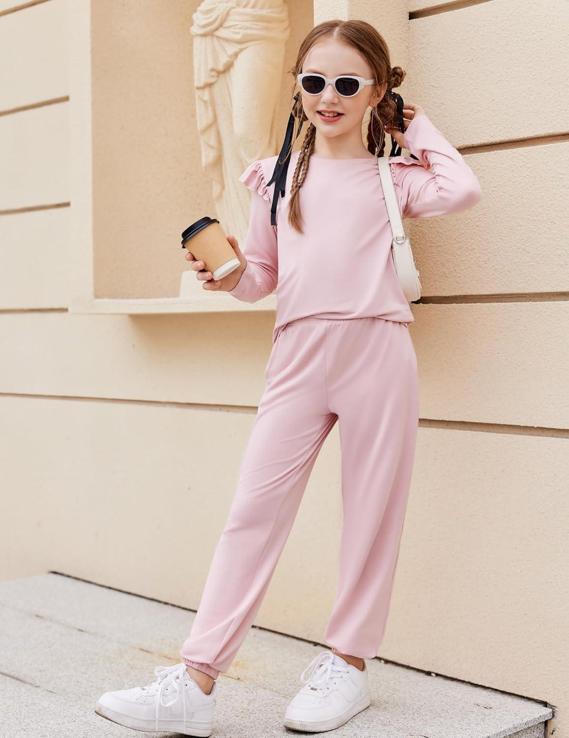image:imageArshiner Girls 2 Piece Outfits Long Sleeve Ruffled Tops and Pants with Pockets Clothing Set for 614YPink