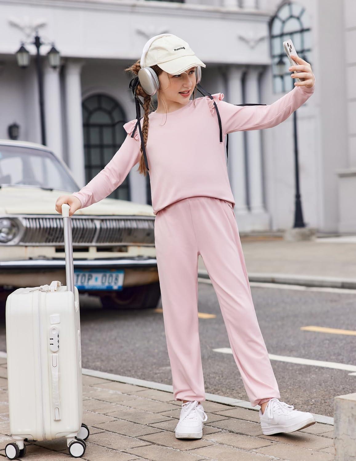 image:imageArshiner Girls 2 Piece Outfits Long Sleeve Ruffled Tops and Pants with Pockets Clothing Set for 614YPink