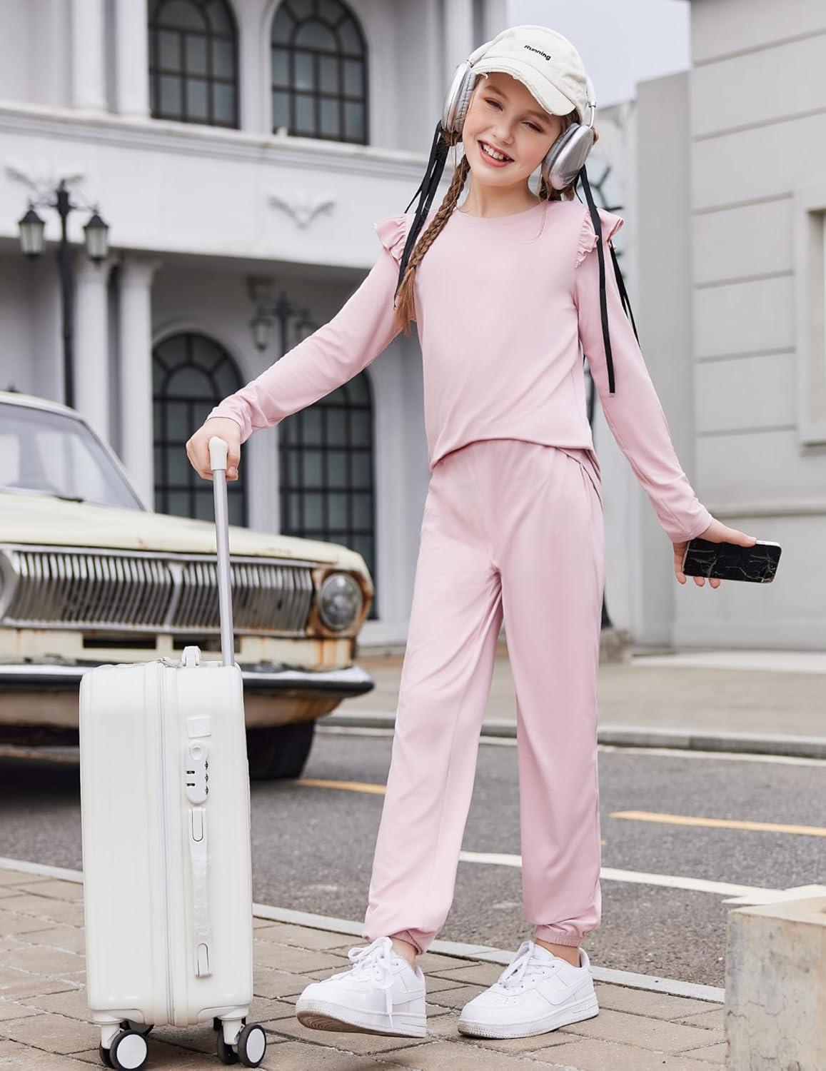 image:imageArshiner Girls 2 Piece Outfits Long Sleeve Ruffled Tops and Pants with Pockets Clothing Set for 614YPink