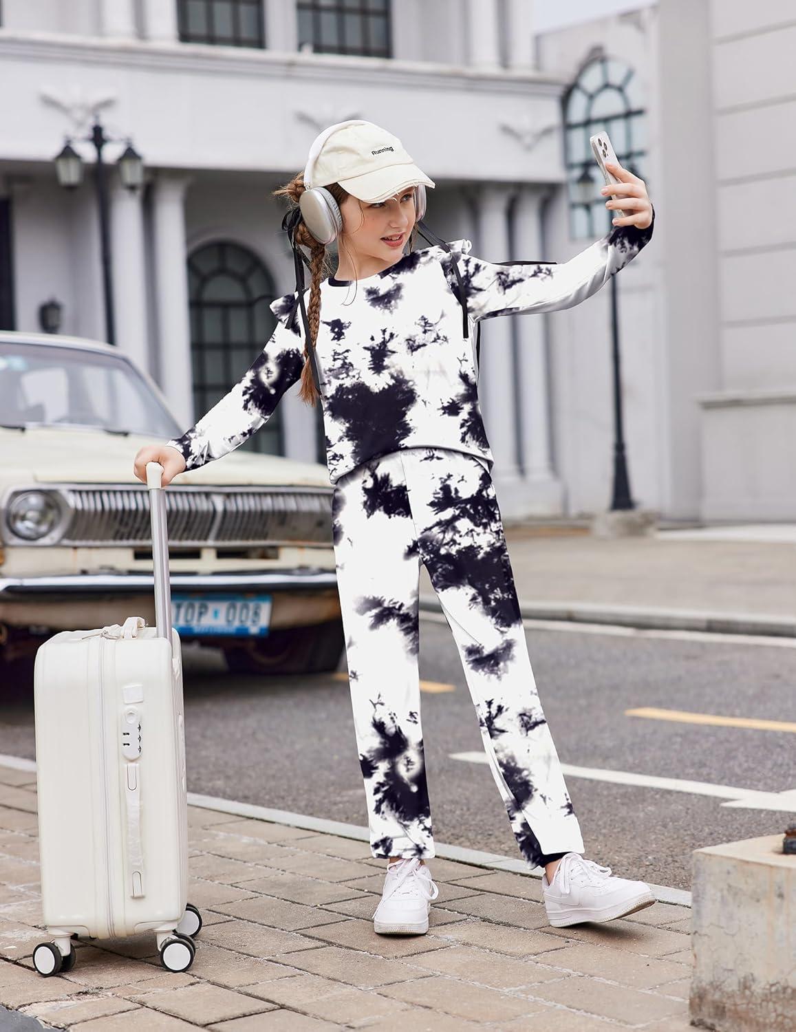 image:imageArshiner Girls 2 Piece Outfits Long Sleeve Ruffled Tops and Pants with Pockets Clothing Set for 614YTie Dye