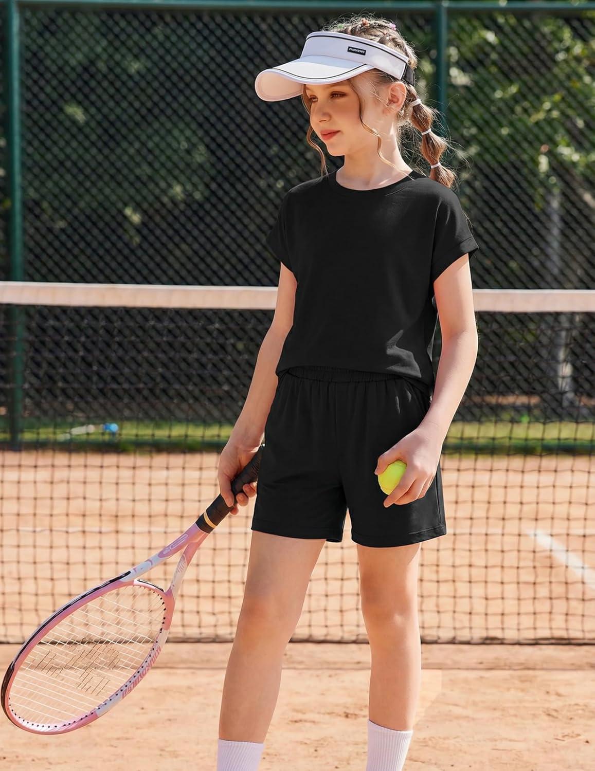 image:imageArshiner Girls Summer 2 Piece Outfits Short Sleeve T Shirts Top and Shorts Clothing Sets with PocketsBlack