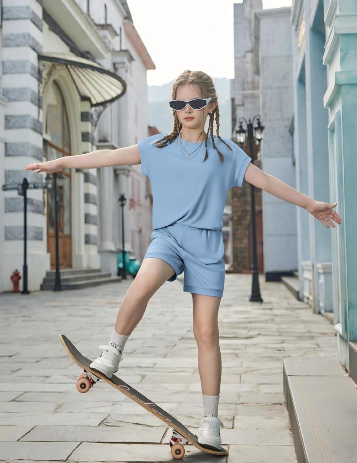 image:imageArshiner Girls Summer 2 Piece Outfits Short Sleeve T Shirts Top and Shorts Clothing Sets with PocketsBlue