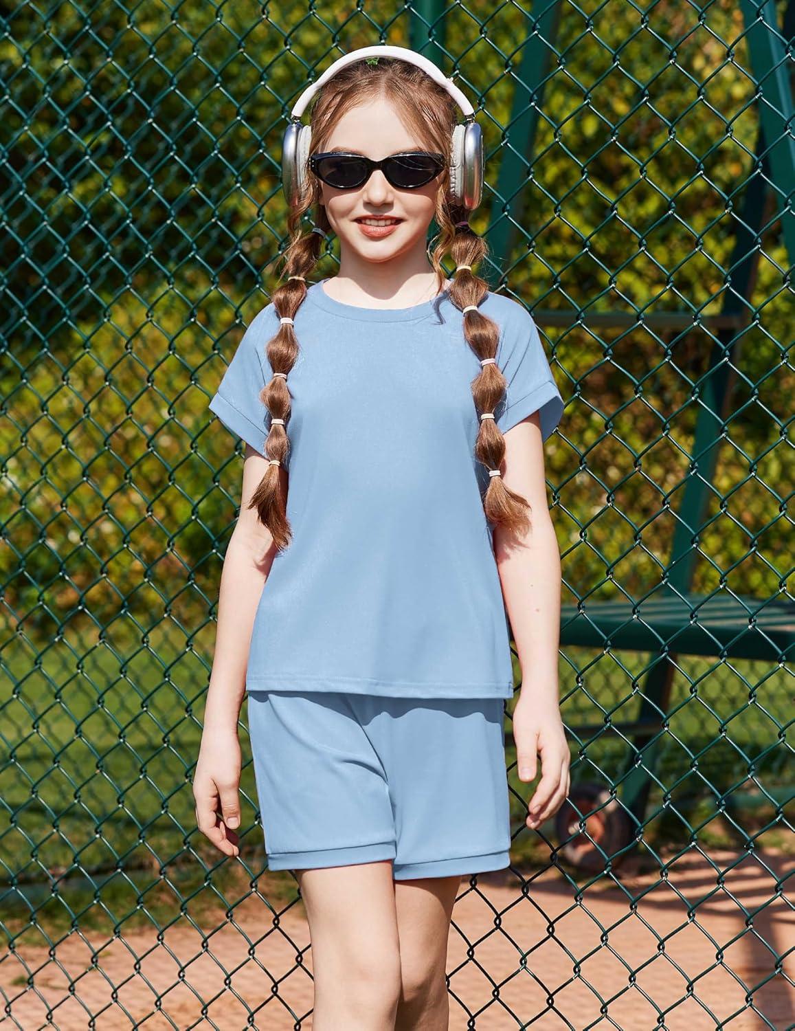 image:imageArshiner Girls Summer 2 Piece Outfits Short Sleeve T Shirts Top and Shorts Clothing Sets with PocketsBlue