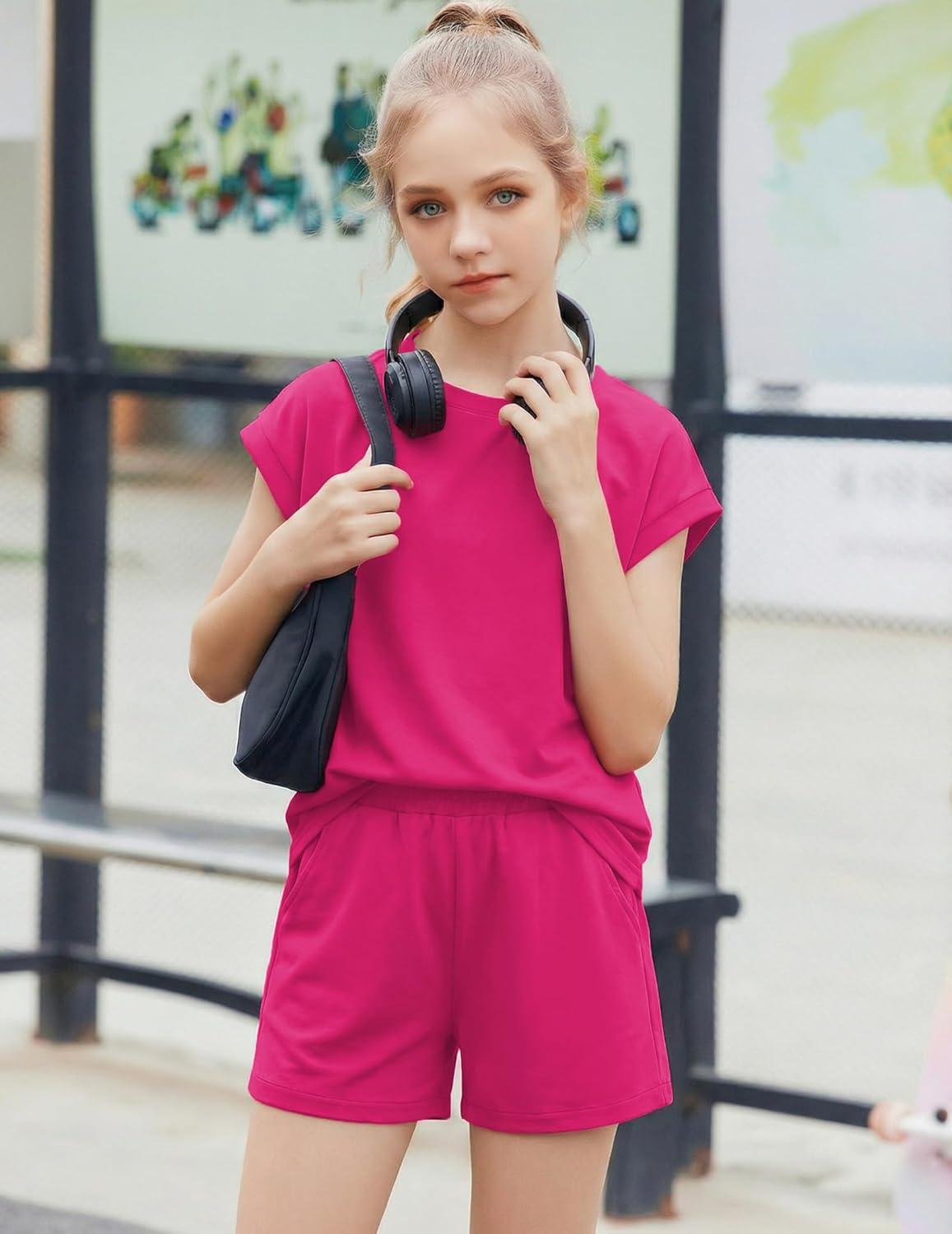 image:imageArshiner Girls Summer 2 Piece Outfits Short Sleeve T Shirts Top and Shorts Clothing Sets with PocketsRose Red